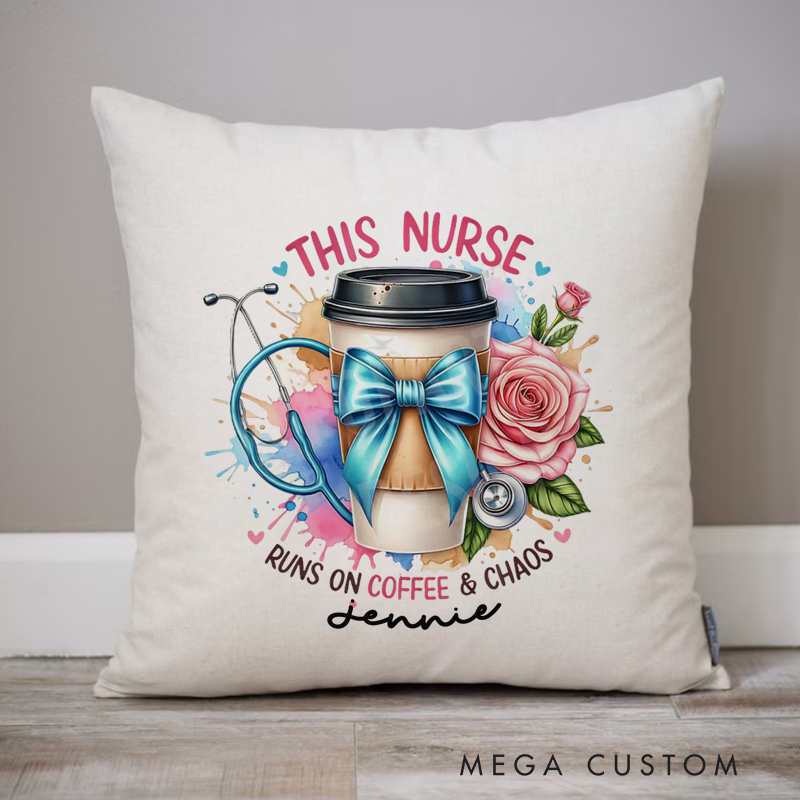 Personalized Nurse Pillow This Nurse Runs on Coffee Chaos Throw Pillow Appreciation Gift for Nurse