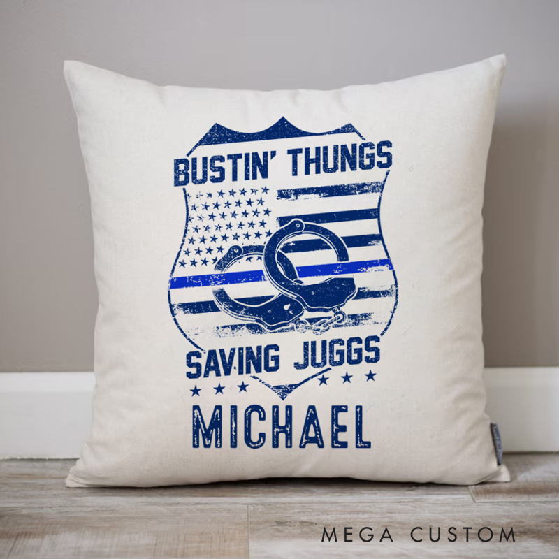 Personalized Policeman Pillow Bustin' Thungs Saving Juggs Throw Pillow Appreciation Gift for Police Officer