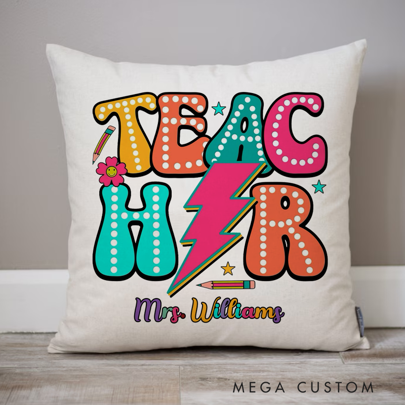 Personalized Teachers Pillow Teacher in Large Bold and Colorful Design Throw Pillow Appreciation Gift for Teachers