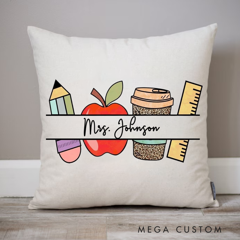 Personalized Teachers Pillow Pencil Red Apple Coffee Cup Ruler Throw Pillow Appreciation Gift for Teachers