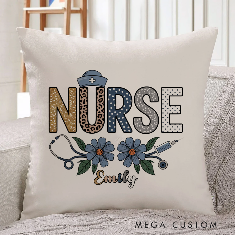 Personalized Nurse Pillow Two Beautiful Blue Flowers Throw Pillow Appreciation Gift for Nurse