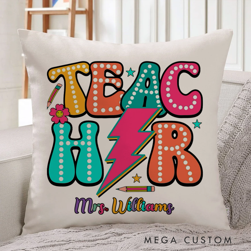 Personalized Teachers Pillow Teacher in Large Bold and Colorful Design Throw Pillow Appreciation Gift for Teachers