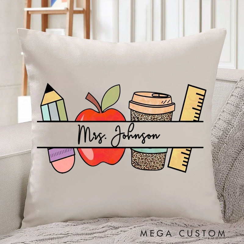 Personalized Teachers Pillow Pencil Red Apple Coffee Cup Ruler Throw Pillow Appreciation Gift for Teachers