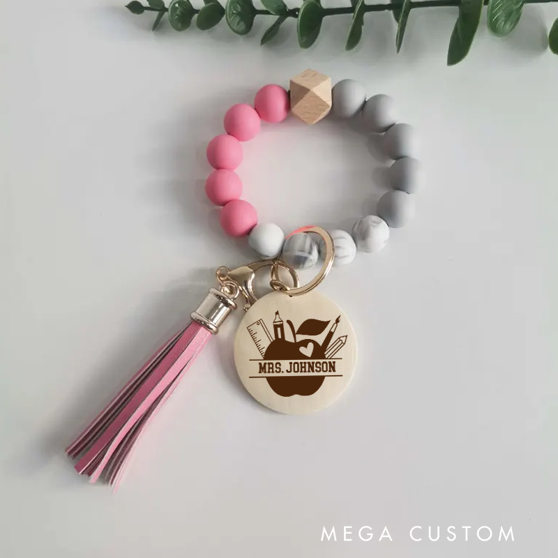 Personalized Teacher Keychain Silicone Beads Bracelet Keychain Wooden Engraved Wristlet Keychain Teacher Appreciation Gift