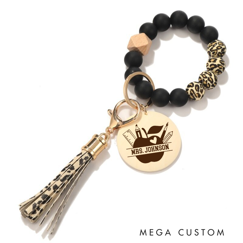 Personalized Teacher Keychain Silicone Beads Bracelet Keychain Wooden Engraved Wristlet Keychain Teacher Appreciation Gift