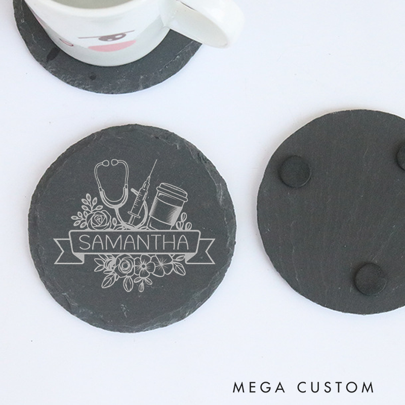 Personalized Nurse Engraved Slate Coaster Floral Stethoscope Design Appreciation Gift for Doctor Nurse Medical Staff