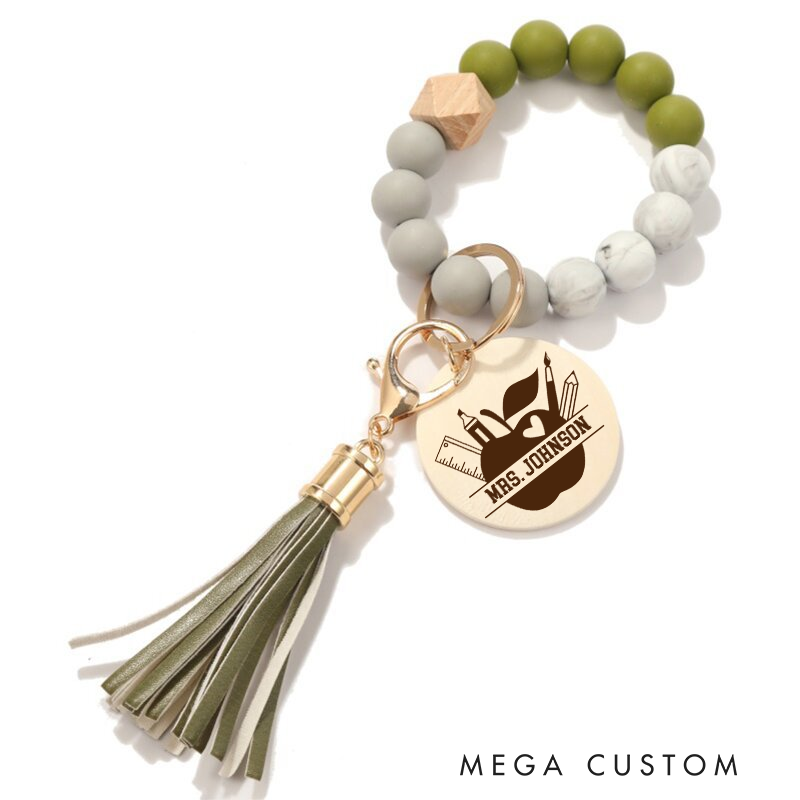 Personalized Teacher Keychain Silicone Beads Bracelet Keychain Wooden Engraved Wristlet Keychain Teacher Appreciation Gift