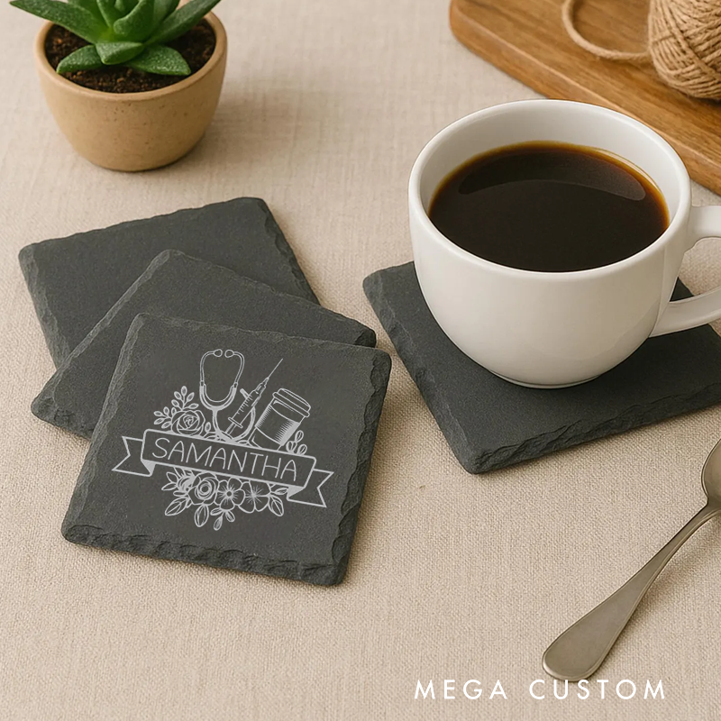 Personalized Nurse Engraved Slate Coaster Floral Stethoscope Design Appreciation Gift for Doctor Nurse Medical Staff