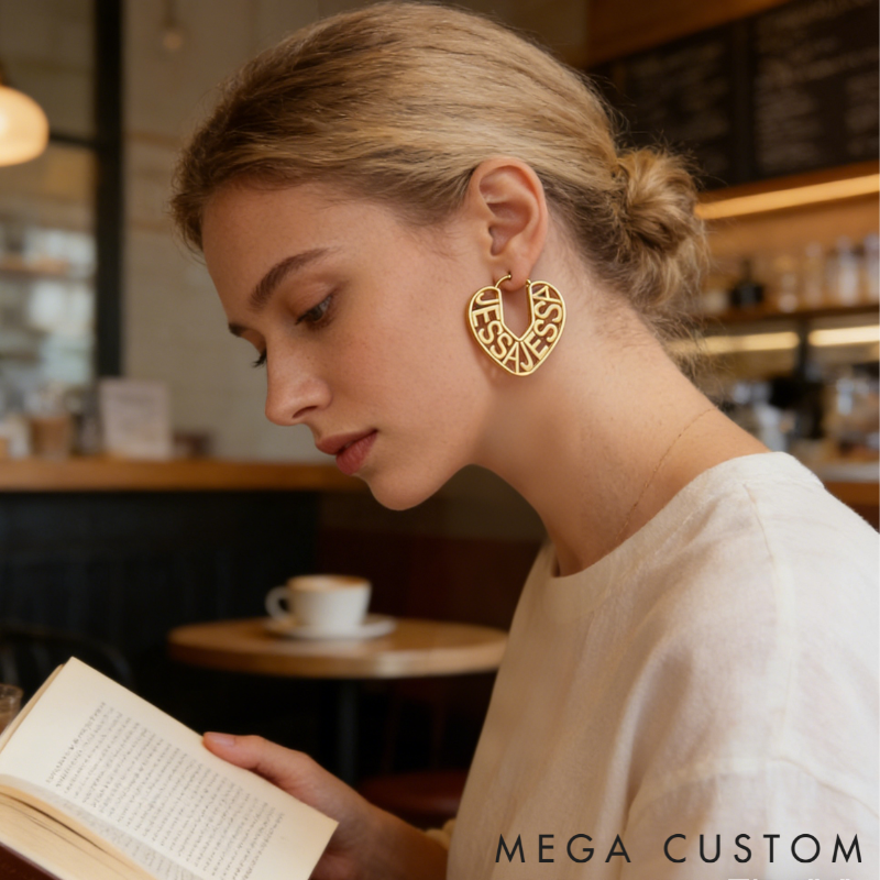 Personalized Custom Name Engraved Heart Outline Dangle Earrings