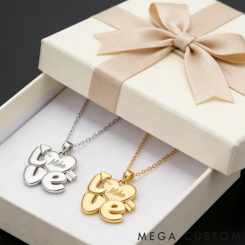Personalized Custom Name Love Necklace Heart and Arrow Design 925 Sterling Silver or Gold Plated Personalized Engraved Pendant Romantic Gift for Her 925 Sterling Silver 