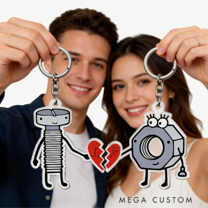 Personalized Nut and Bolt Couple Keychain Custom Names Unique Holiday Gift for Couples