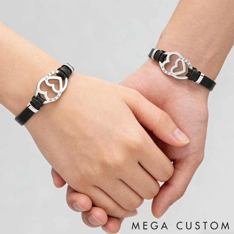 Personalized Stainless Steel Heart in Heart Leather Couple Bracelets with Custom Names for Lovers