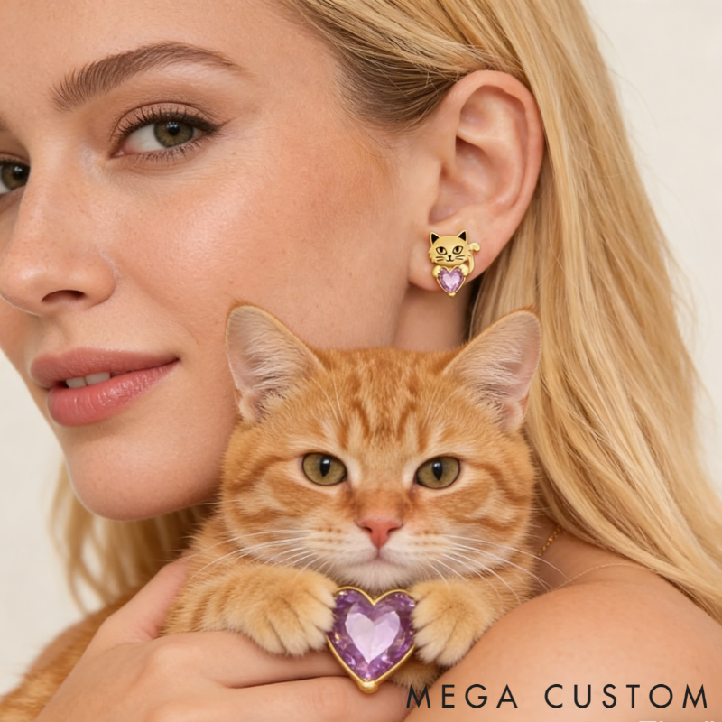 Personalized Heart-Shaped Birthstone Stud Earrings with Cat Motif Sterling Silver Jewelry Gift for Her