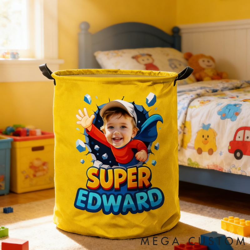 Personalized Whimsical Kids Laundry Hamper Large Waterproof with Handle Custom Photo and Name Embroidery Kids Holiday Gift