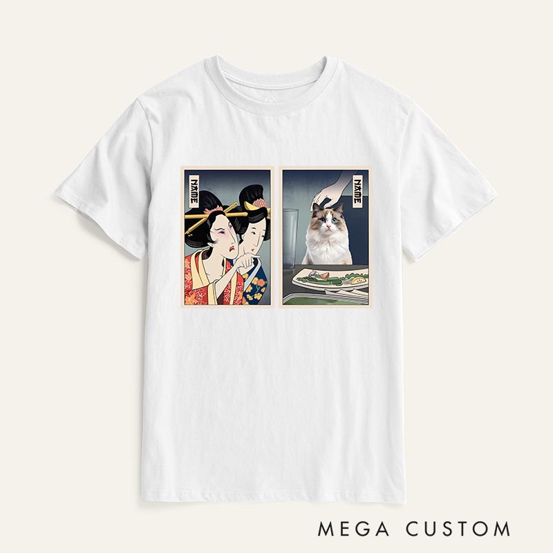 Personalized Woman Yelling at Cat Classic T-Shirts Japanese Ukiyo-e style Shirt Cat Meme for Cat Mom Dad Japanese Lover Ukiyomemes