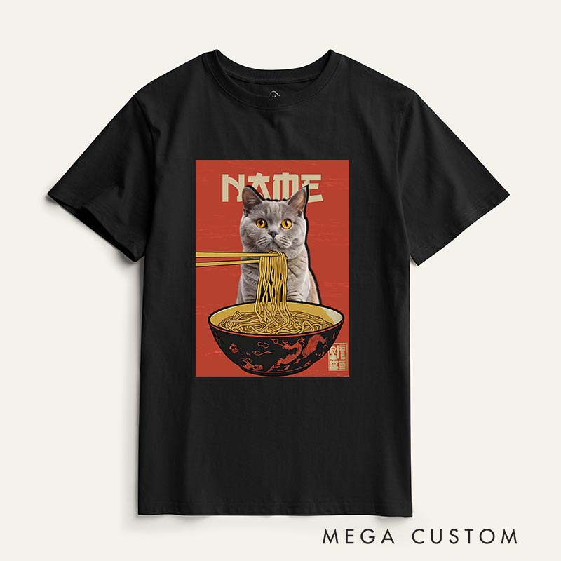 Personalized Noodle Cat Classic T-Shirts Japanese Ramen Cat Tshirt Foodie Lover Shirt Cat Lover Anime Lover