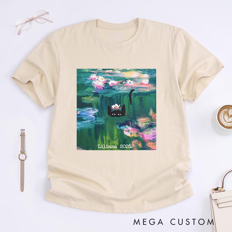 Personalized Clawed Monet Cat Artist Classic T-Shirts Painting Cat Tshirt Art Lover Illustration Shirt for Animal Lover Cat Mom Cat Dad
