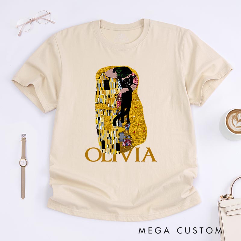 Personalized The Cat Kiss Artist Classic T-Shirts Painting Cat Tshirt Art Lover Illustration Shirt for Animal Lover Cat Mom Cat Dad