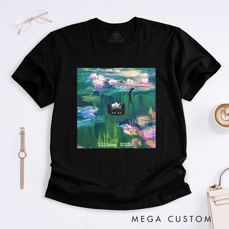 Personalized Clawed Monet Cat Artist Classic T-Shirts Painting Cat Tshirt Art Lover Illustration Shirt for Animal Lover Cat Mom Cat Dad