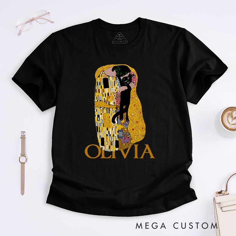 Personalized The Cat Kiss Artist Classic T-Shirts Painting Cat Tshirt Art Lover Illustration Shirt for Animal Lover Cat Mom Cat Dad