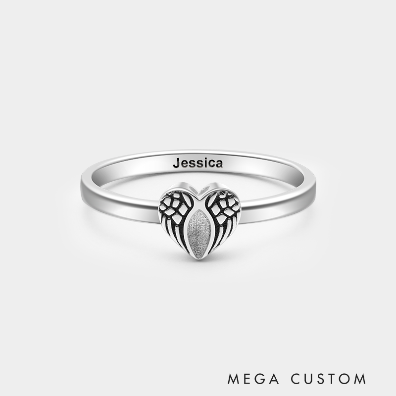 Personalized Angel Wing Heart Ring with Engraved Name Sterling Silver Memorial Jewelry