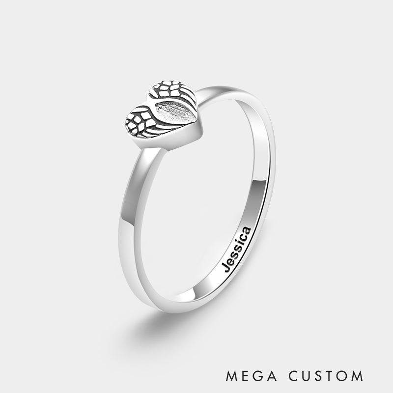 Personalized Angel Wing Heart Ring with Engraved Name Sterling Silver Memorial Jewelry