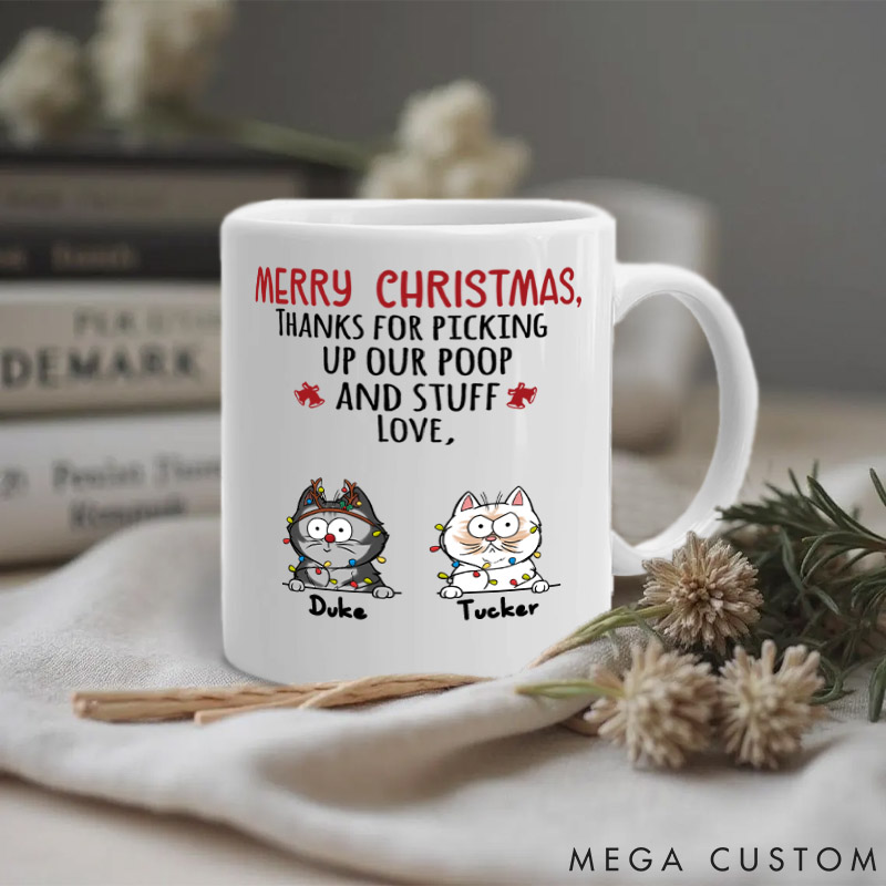 Personalized Cat Lover Thanks for Picking Up Our Poop Mugs