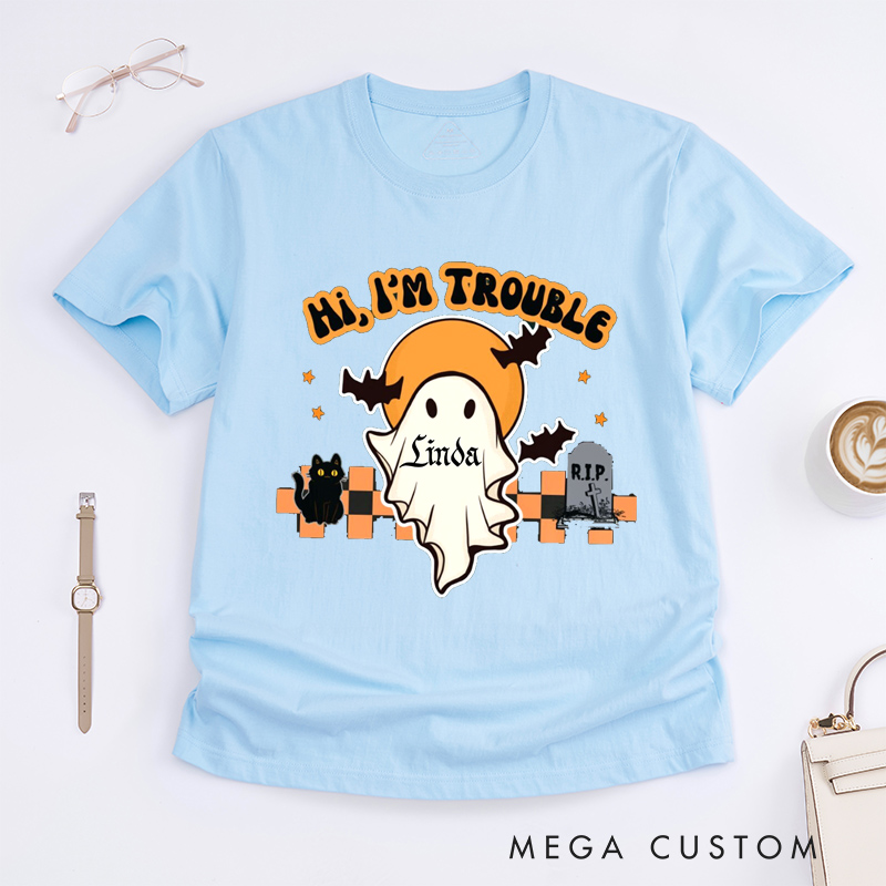Personalized Where I Go Trouble Follows Hi I Am Trouble Funny Halloween Couple Matching T-Shirt