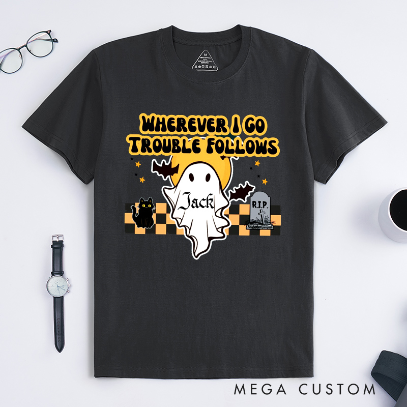 Personalized Where I Go Trouble Follows Hi I Am Trouble Funny Halloween Couple Matching T-Shirt