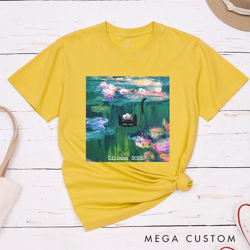 Personalized Clawed Monet Cat Artist Classic T-Shirts Painting Cat Tshirt Art Lover Illustration Shirt for Animal Lover Cat Mom Cat Dad