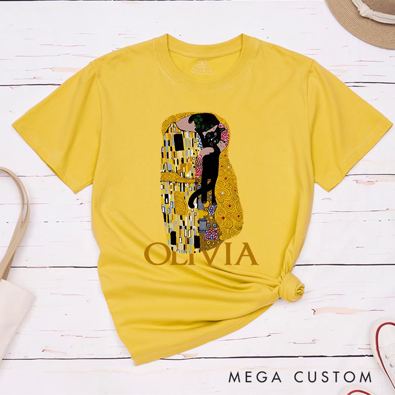 Personalized The Cat Kiss Artist Classic T-Shirts Painting Cat Tshirt Art Lover Illustration Shirt for Animal Lover Cat Mom Cat Dad