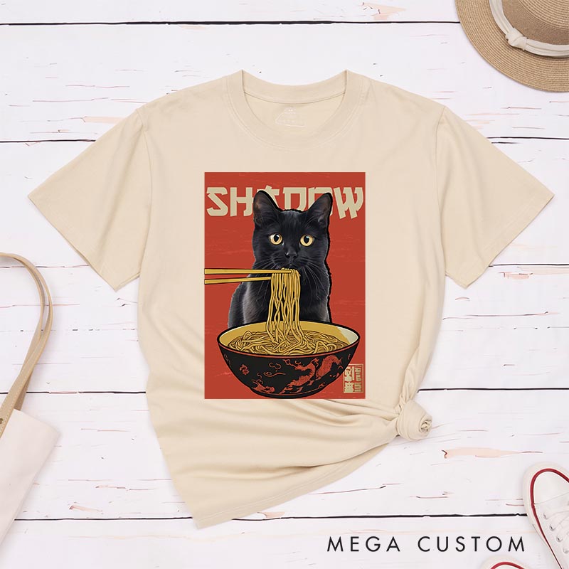Personalized Noodle Cat Classic T-Shirts Japanese Ramen Cat Tshirt Foodie Lover Shirt Cat Lover Anime Lover