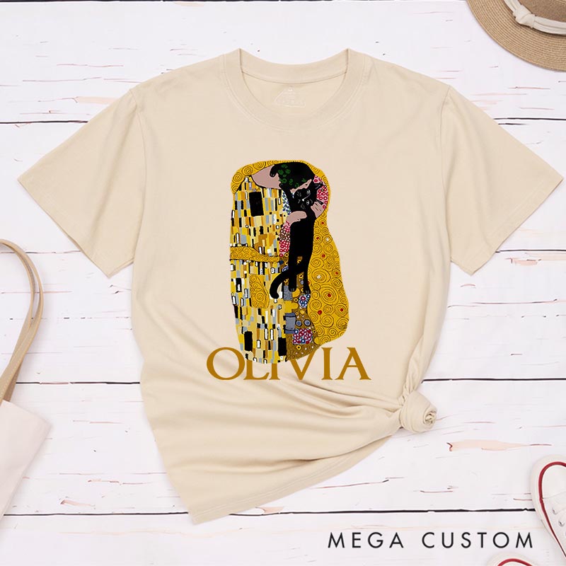 Personalized The Cat Kiss Artist Classic T-Shirts Painting Cat Tshirt Art Lover Illustration Shirt for Animal Lover Cat Mom Cat Dad