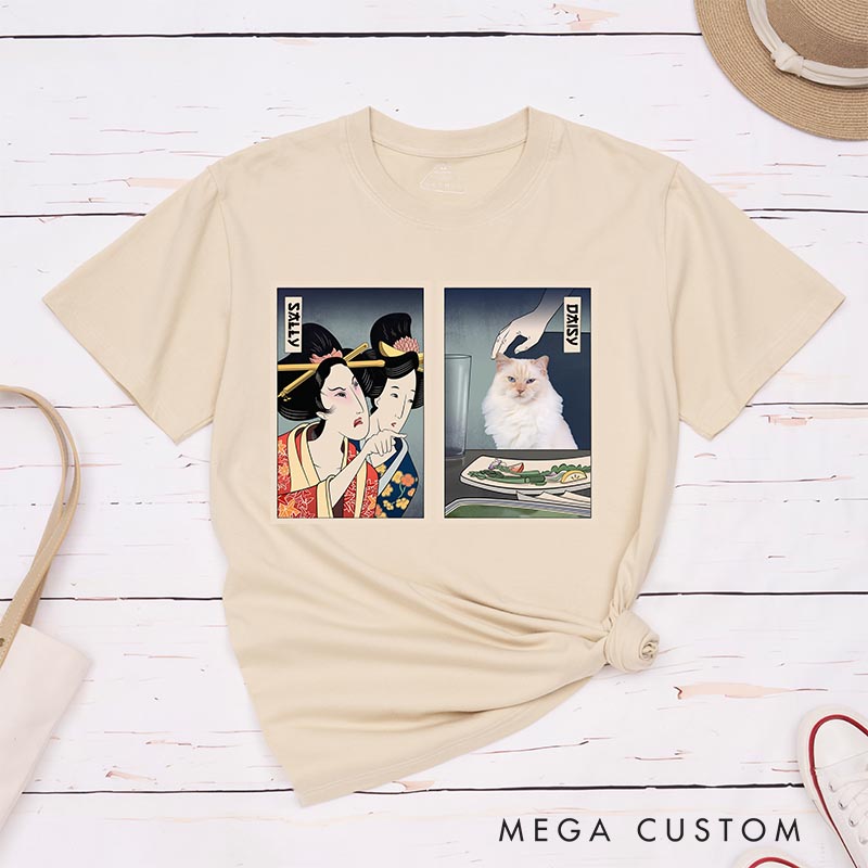 Personalized Woman Yelling at Cat Classic T-Shirts Japanese Ukiyo-e style Shirt Cat Meme for Cat Mom Dad Japanese Lover Ukiyomemes