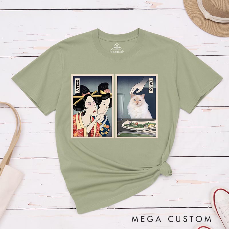 Personalized Woman Yelling at Cat Classic T-Shirts Japanese Ukiyo-e style Shirt Cat Meme for Cat Mom Dad Japanese Lover Ukiyomemes