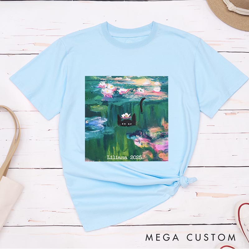 Personalized Clawed Monet Cat Artist Classic T-Shirts Painting Cat Tshirt Art Lover Illustration Shirt for Animal Lover Cat Mom Cat Dad