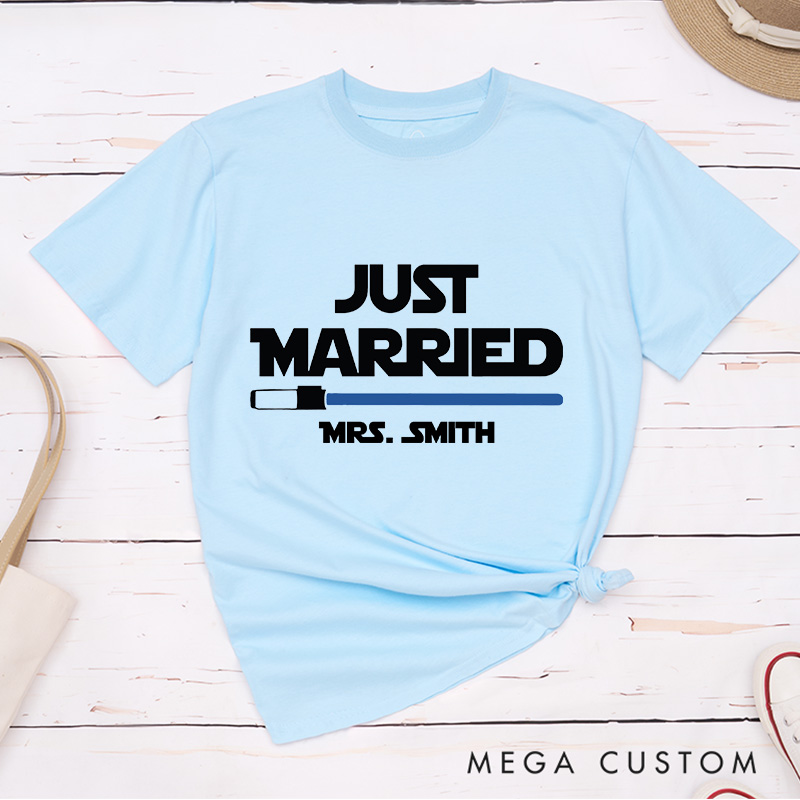 Personalized Star Just Married Couple Matching Classic T-Shirts Honeymoon Shirt for Movie Lovers Just Married Shirt Valentines Day Husband and Wife