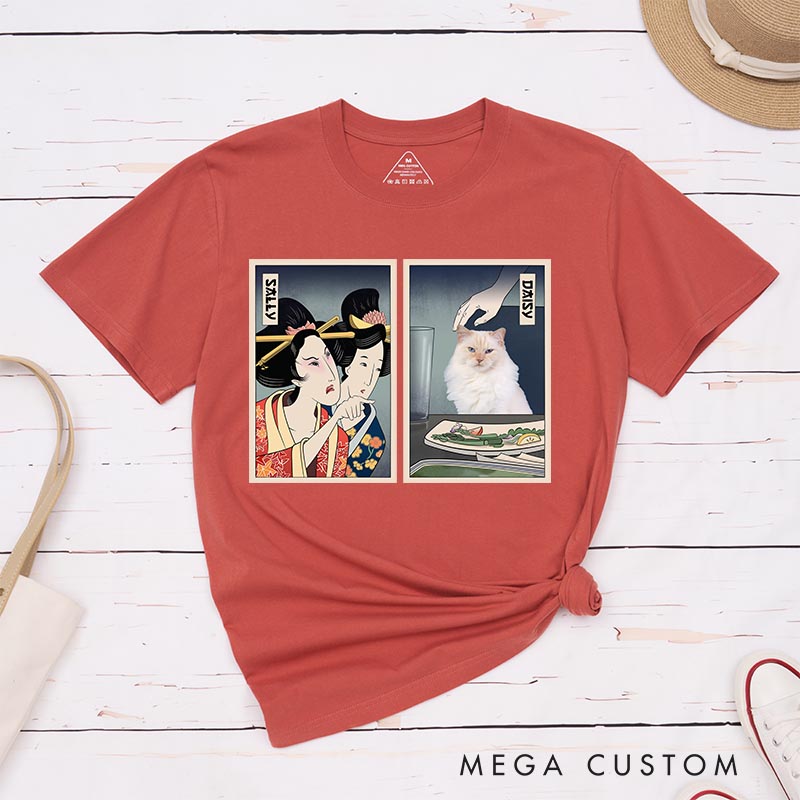Personalized Woman Yelling at Cat Classic T-Shirts Japanese Ukiyo-e style Shirt Cat Meme for Cat Mom Dad Japanese Lover Ukiyomemes