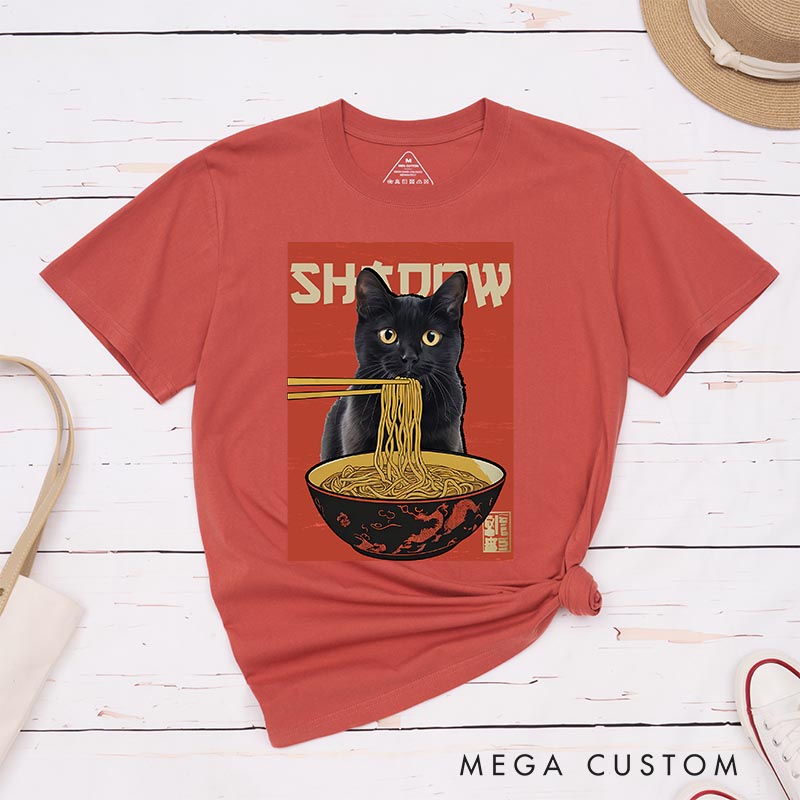 Personalized Noodle Cat Classic T-Shirts Japanese Ramen Cat Tshirt Foodie Lover Shirt Cat Lover Anime Lover