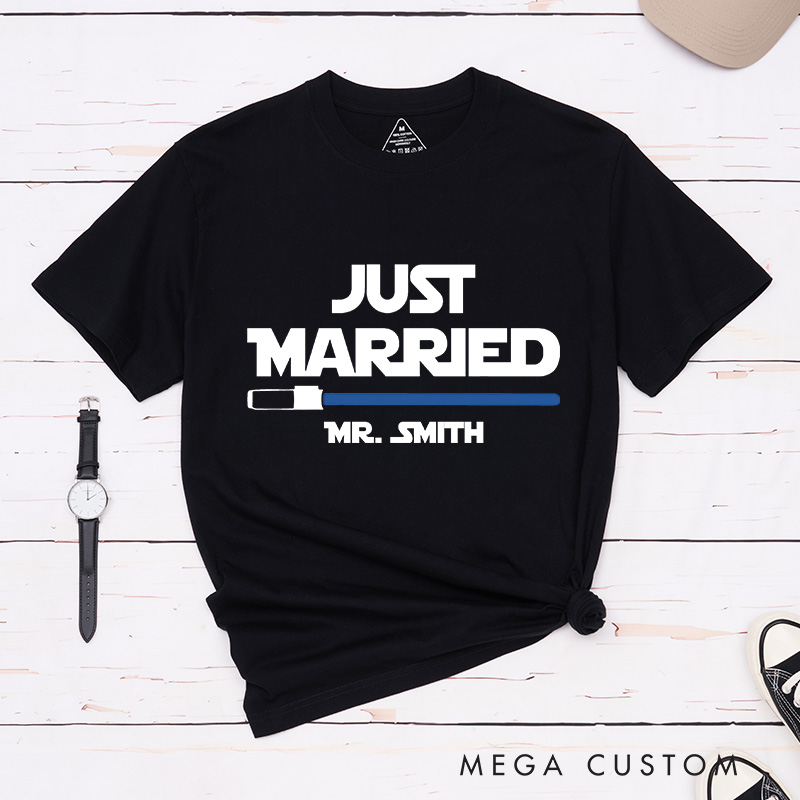 Personalized Star Just Married Couple Matching Classic T-Shirts Honeymoon Shirt for Movie Lovers Just Married Shirt Valentines Day Husband and Wife
