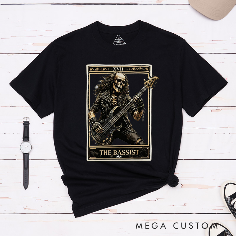 Personalized Classic T-Shirts The Bassist Skull T-Shirt Vintage Music Tarot Graphic Tee for Music Lovers