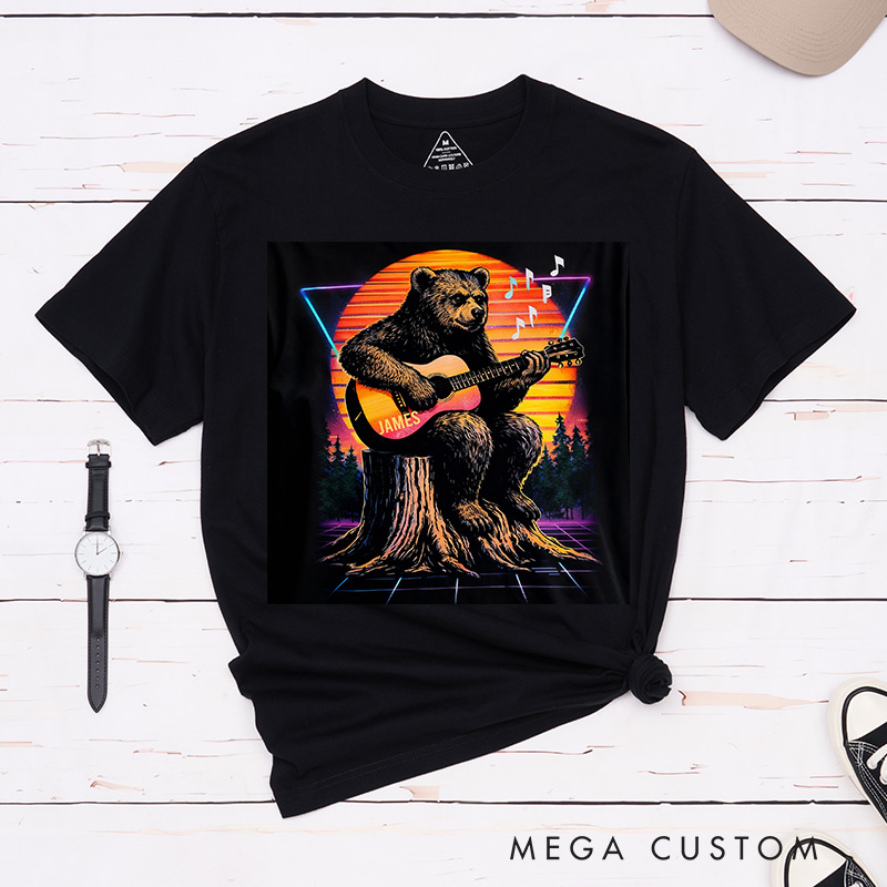 Personalized Classic T-Shirts Neon Bear Guitarist T-Shirt Vintage Music Graphic Tee for Music Lovers