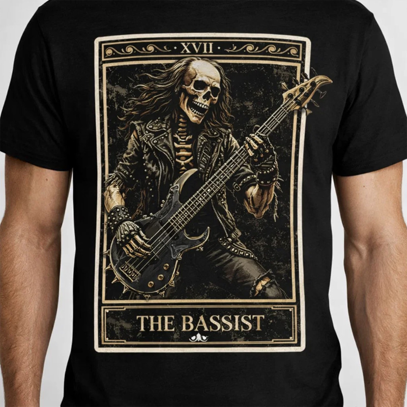 Personalized Classic T-Shirts The Bassist Skull T-Shirt Vintage Music Tarot Graphic Tee for Music Lovers