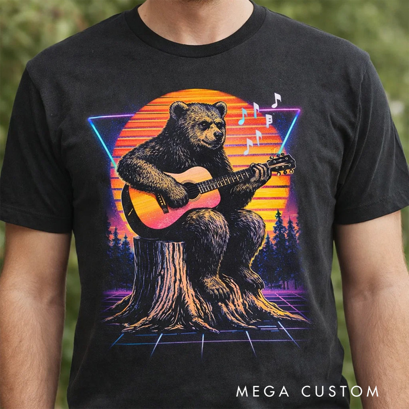 Personalized Classic T-Shirts Neon Bear Guitarist T-Shirt Vintage Music Graphic Tee for Music Lovers