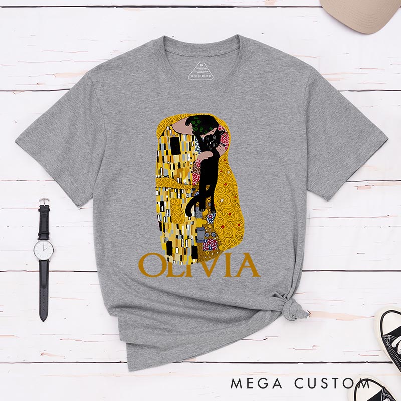 Personalized The Cat Kiss Artist Classic T-Shirts Painting Cat Tshirt Art Lover Illustration Shirt for Animal Lover Cat Mom Cat Dad