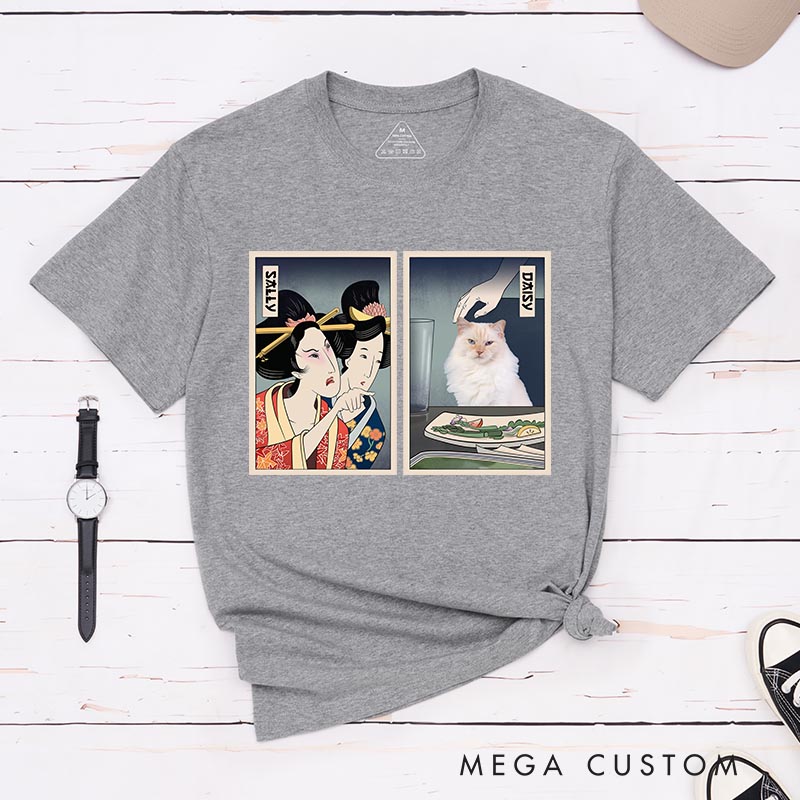 Personalized Woman Yelling at Cat Classic T-Shirts Japanese Ukiyo-e style Shirt Cat Meme for Cat Mom Dad Japanese Lover Ukiyomemes