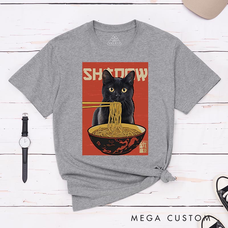 Personalized Noodle Cat Classic T-Shirts Japanese Ramen Cat Tshirt Foodie Lover Shirt Cat Lover Anime Lover