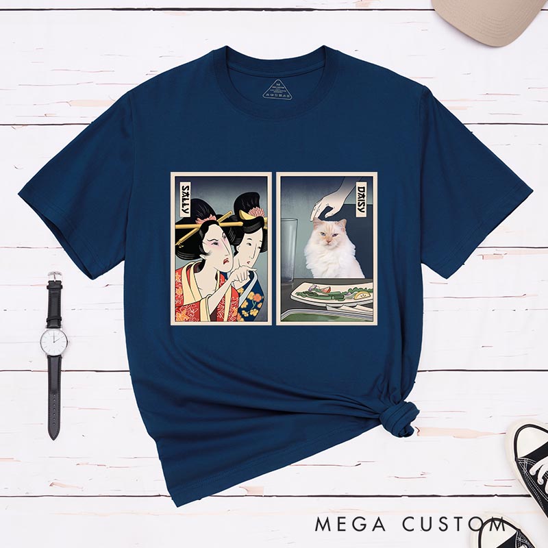 Personalized Woman Yelling at Cat Classic T-Shirts Japanese Ukiyo-e style Shirt Cat Meme for Cat Mom Dad Japanese Lover Ukiyomemes