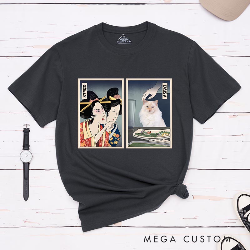 Personalized Woman Yelling at Cat Classic T-Shirts Japanese Ukiyo-e style Shirt Cat Meme for Cat Mom Dad Japanese Lover Ukiyomemes