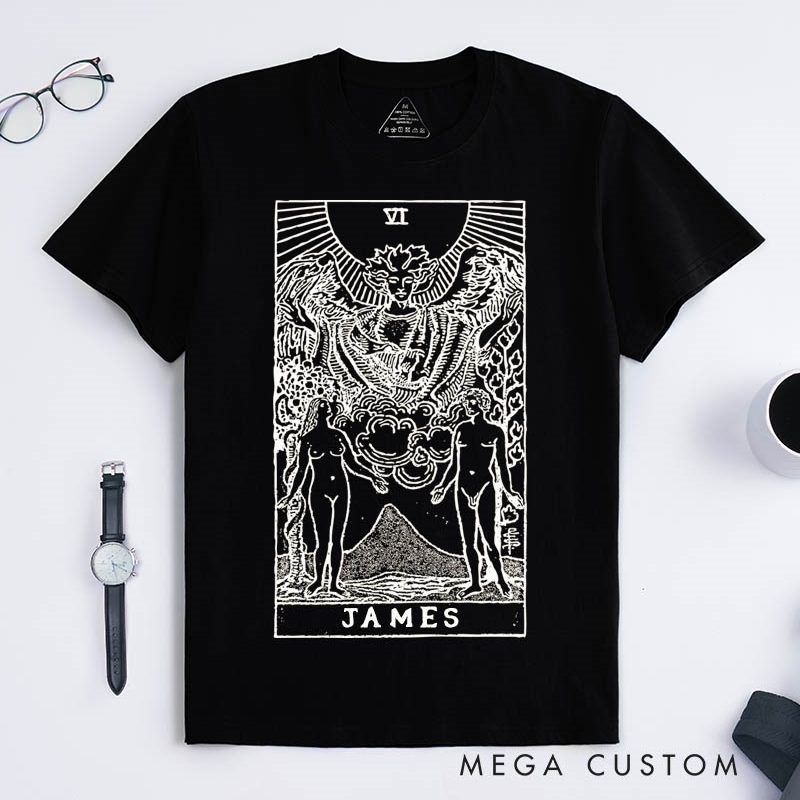 Personalized Tarot Lovers Classic T-Shirts The Lovers Tarot Card T-Shirts Retro style Gift Clothing